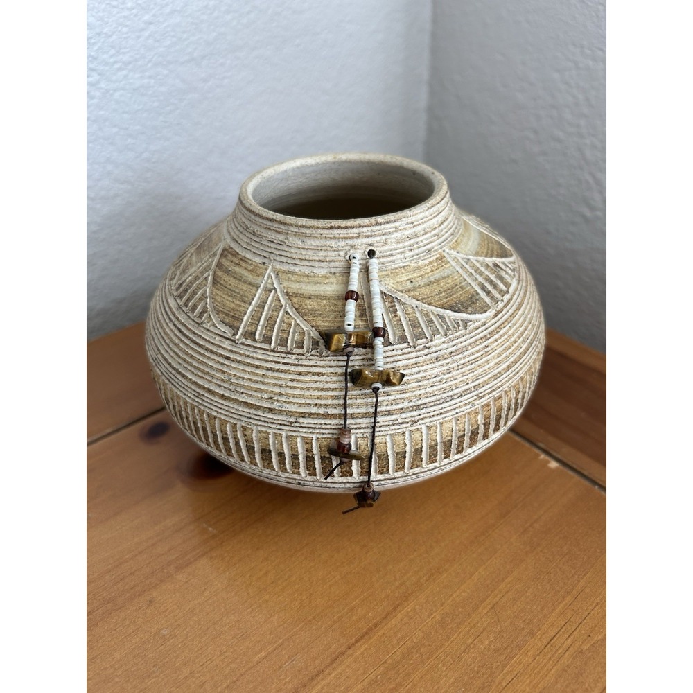 Studio Pottery Vase Stone‎ And Beaded Accent Tassels Signed by Artist